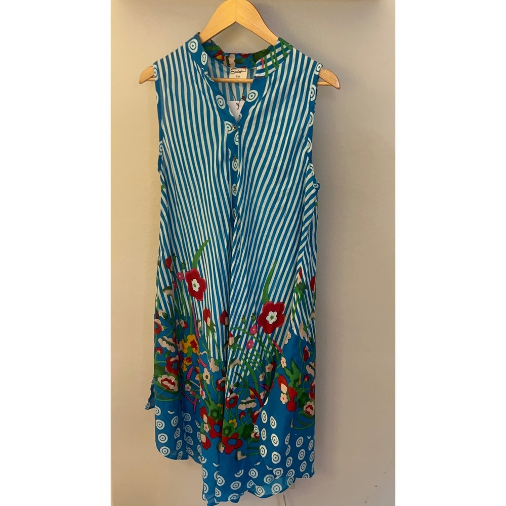 Summer cover up Women's Striped Floral Sleeveless Button Front‎ Shift Dress L/XL